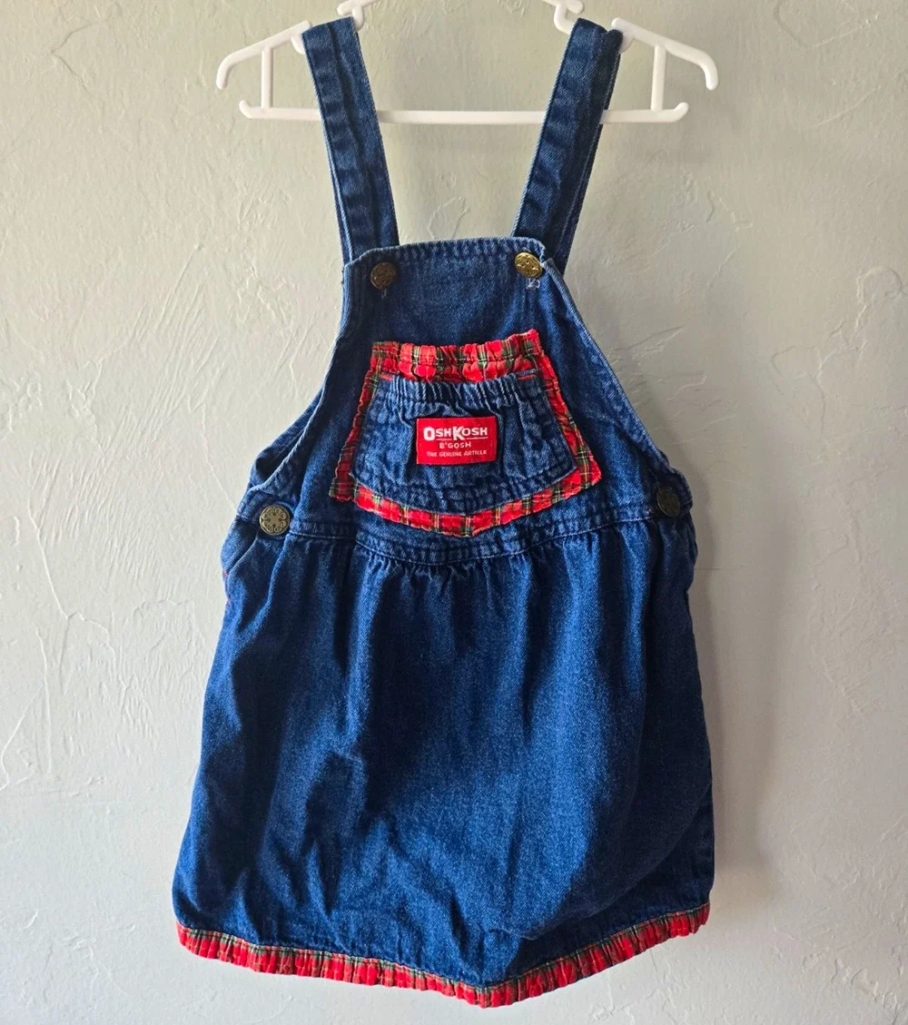 Vintage OshKosh B'gosh Girls 4T Denim Overall Dress Plaid Sleeveless 4T